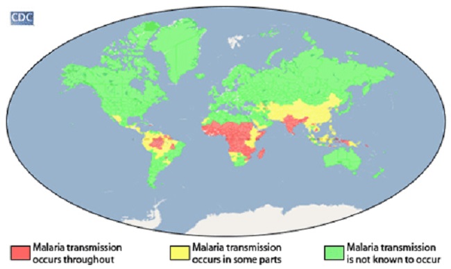Красным отмечены регионы обитания малярийного комара